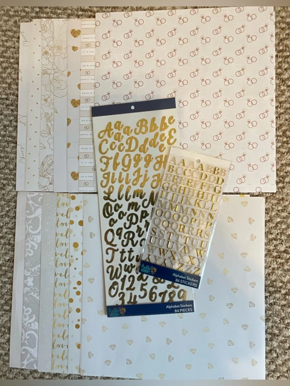 Wedding/Bridal 12”x12” Single-Sided Scrapbooking Paper/Gold Alphabet Stickers